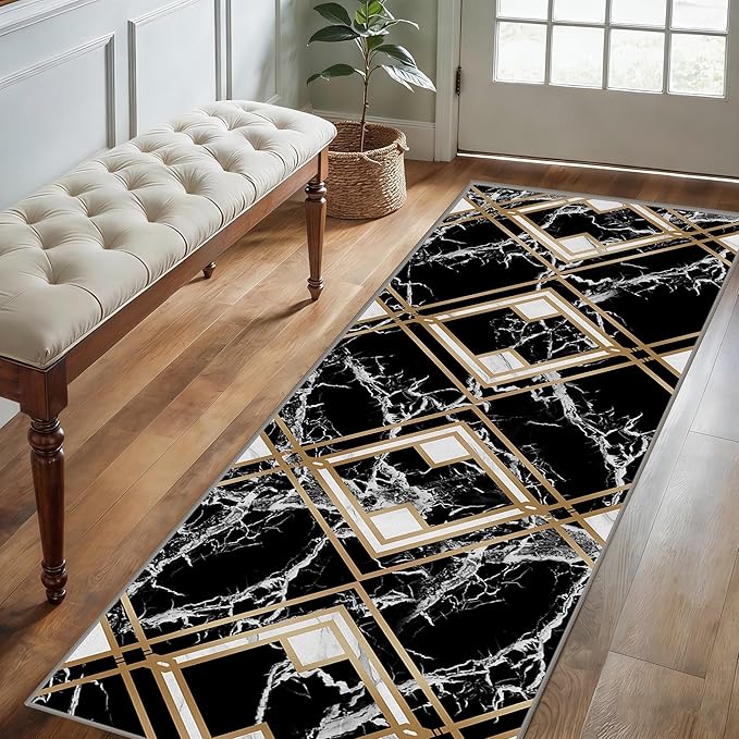 Diamond Geometric Print Area Rug for Bedroom, 1.3x7ft, Modern Black White Marble Home Decor Carpet, Durable Soft Cozy Non Slip Rug, Breathable Non Shedding Mats for Front Porch