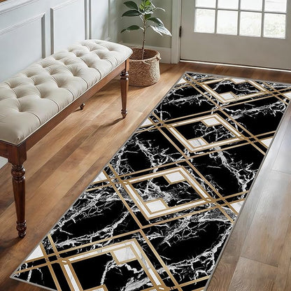 Diamond Geometric Print Area Rug for Bedroom, 2.6x10ft, Modern Black White Marble Home Decor Carpet, Durable Soft Cozy Non Slip Rug, Breathable Non Shedding Mats for Front Porch