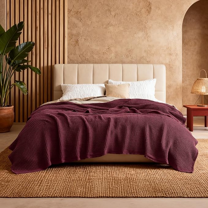 Bedsure Gentlesoft 100% Cotton Blanket Queen Size for Bed - Breathable and Soft, Thick Cozy Waffle Weave Christmas Blanket Gift for Women, Burgundy, 90x90 Inches
