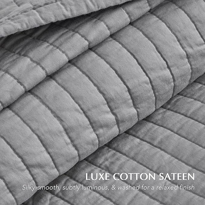 EVERGRACEHOME Cotton Sateen Quilt Set Queen Size, Pre-Washed Cotton Channel Stitch Coverlet Bedspread, 3 Pieces Lightweight Soft Bedding Sets for All Season, with 2 Pillow Shams, Fog Gray