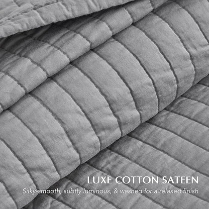 EVERGRACEHOME Cotton Sateen Quilt Set King Size, Pre-Washed Cotton Channel Stitch Coverlet Bedspread, 3 Pieces Lightweight Soft Bedding Sets for All Season, with 2 Pillow Shams, Fog Gray