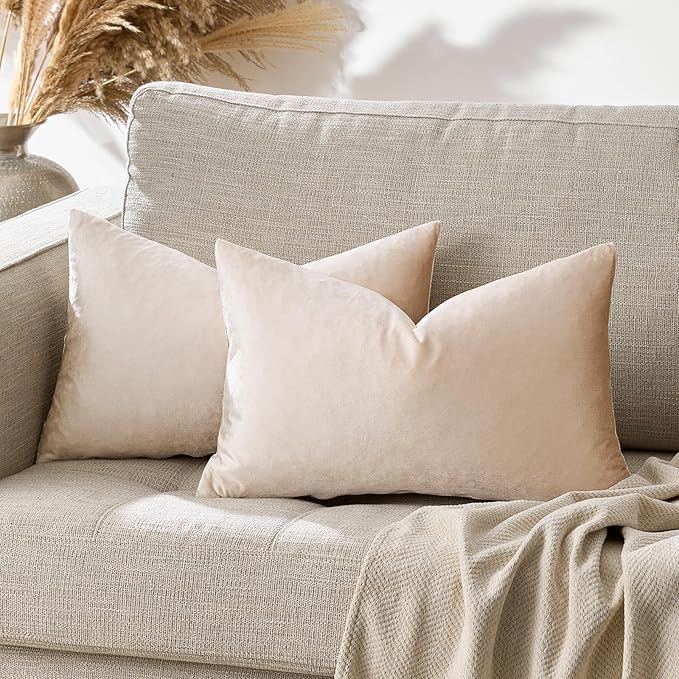GIGIZAZA Velvet Throw Pillow Covers 12x20,Pack of 2 Champagne Modern Pillow Covers Lumbar Small Solid Pillow Vintage Beige Cases for Living Room Couch