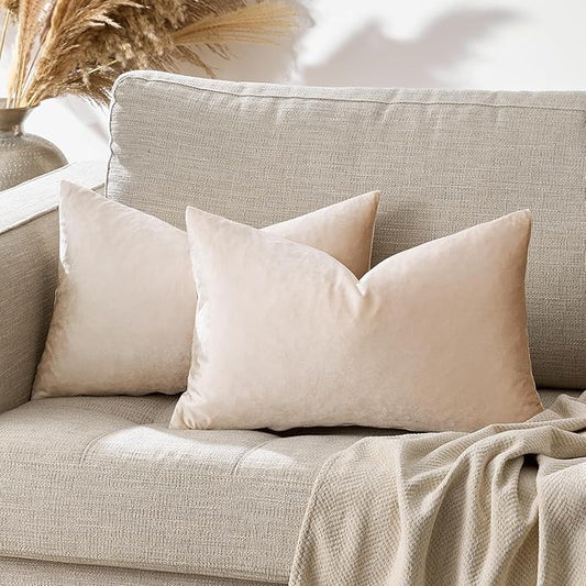 GIGIZAZA Velvet Throw Pillow Covers 12x20,Pack of 2 Champagne Modern Pillow Covers Lumbar Small Solid Pillow Vintage Beige Cases for Living Room Couch