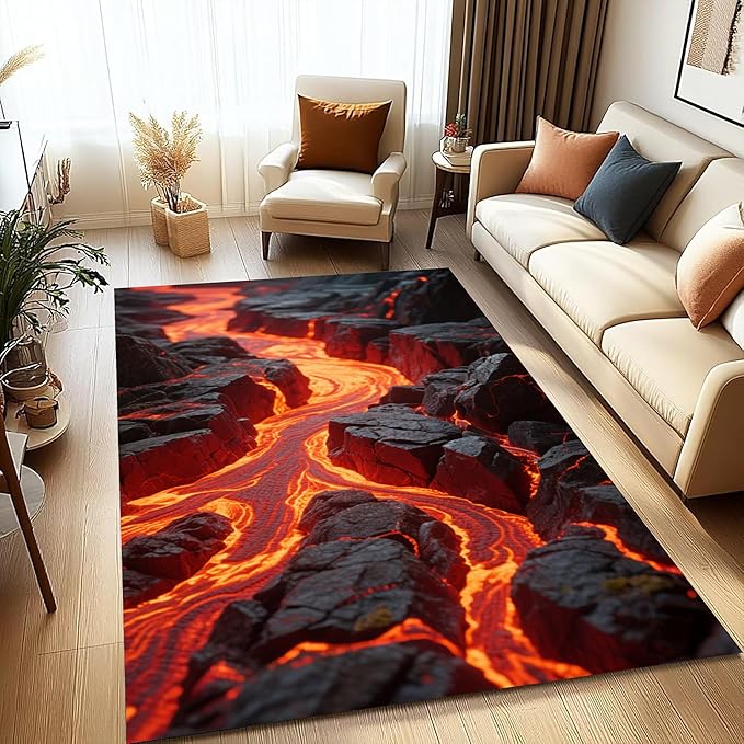 3D Lava Crack Area Rug 5x8ft, Optical Illusion Huge Fissure Carpet, Non-Slip Washable Low Pile Mat for Living Room, Bedroom, Unique Home Decor & Gift Idea