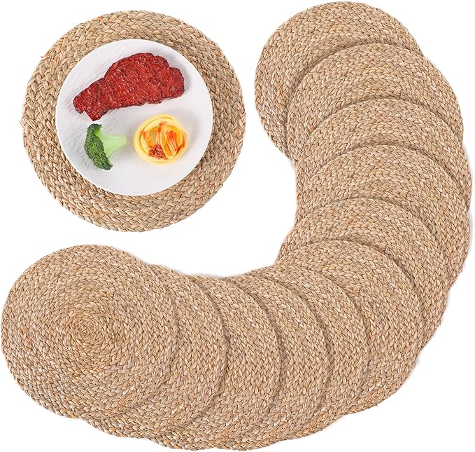 6 Pack 12 Inch Round Rattan Placemats, Wicker Chargers Slip Heat Resistant Rattan Placemat Washable Braided Table Mats Rustic Braided Wicker Chargers for Kitchens and Dining Rooms