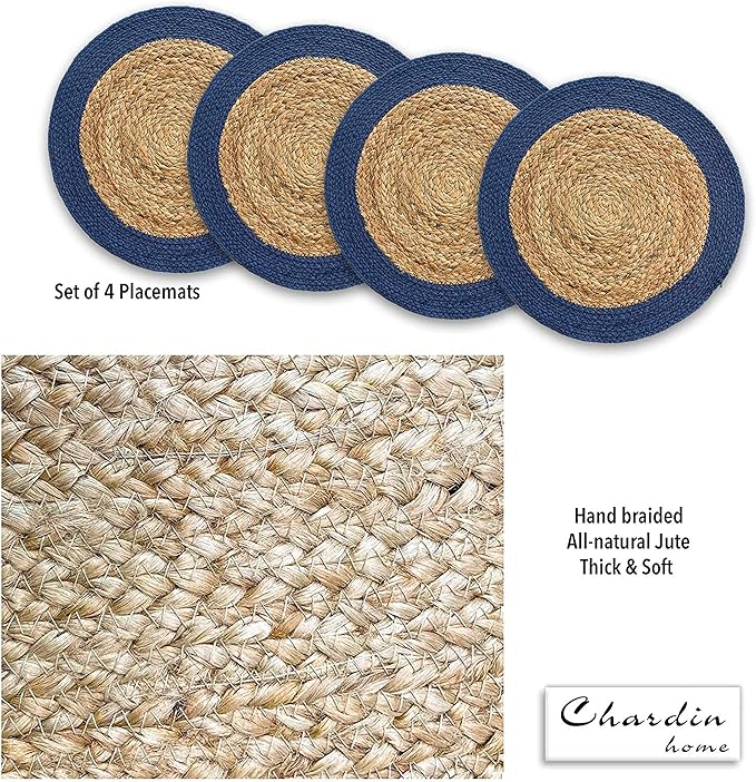 CHARDIN HOME Round Verona Woven Jute & Cotton Braided PLACEMAT (Set of 4), Size -15 inch, Round, Color - Natural Jute with Royal Blue Border