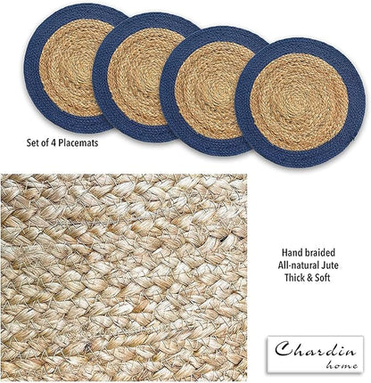 CHARDIN HOME Round Verona Woven Jute & Cotton Braided PLACEMAT (Set of 4), Size -15 inch, Round, Color - Natural Jute with Royal Blue Border