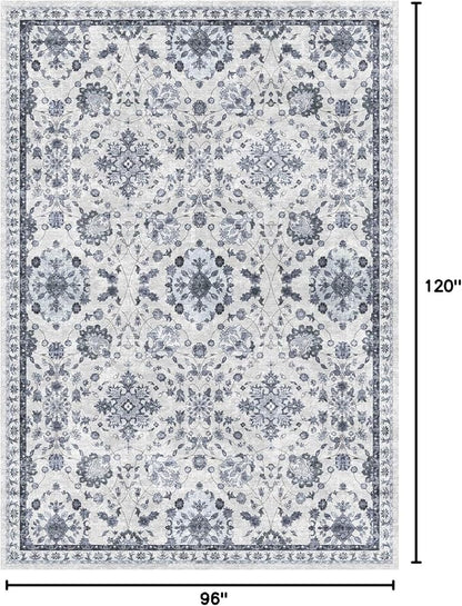 vivorug 8x10 Area Rugs, Stain Resistant Washable Rug for Living Room, Floral Rug Vintage Inspired (Ivory/Blue, 8'x10')