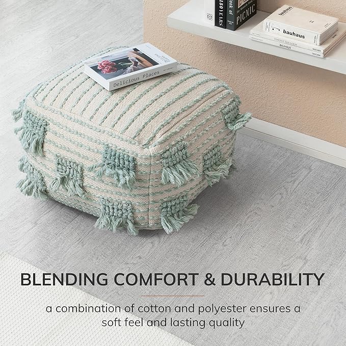Anji Mountain 100% Handmade & Handcrafted Comfortable Home Décor Pouf Ottoman Footrest for Living Room, Bedroom, Nursery, Kidsroom, Patio Furniture - (22" x 22" x 16"- Green,Beige)