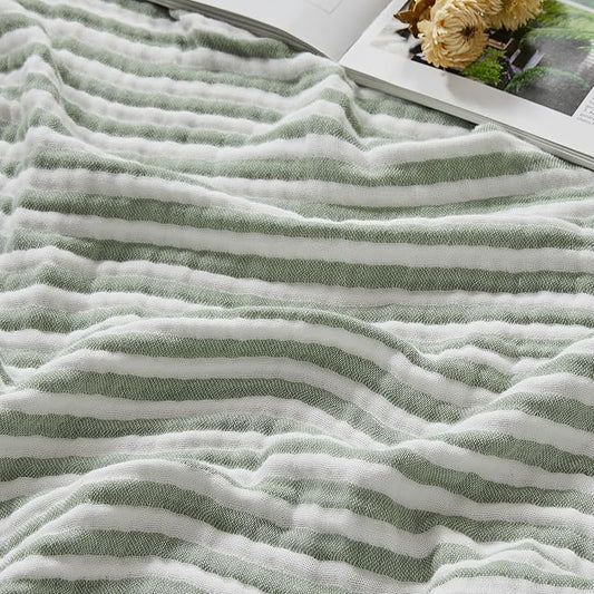 EMME Cotton Muslin Large Throw Blanket Couch Breathable Gauze Soft Lightweight Bed Blankets Adults (Striped Sage Green, 50"x70")