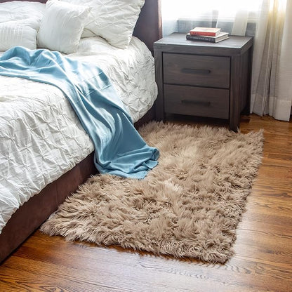 Super Area Rugs Ultra Soft & Fluffy Faux Sheepskin Rug, Light Brown 3 x 5 Feet Carpet for Bedroom Living Room
