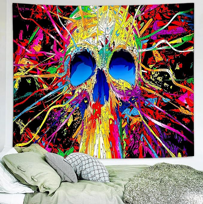 Delur Skull Tapestry Gothic Horror Colorful Skeleton Mystic Dark Tapestry Wall Hanging Trippy Vintage Aesthetic Witchy Psychedelic Headboard for Bedroom Living Room Home Decor (70.8" x 92.5")