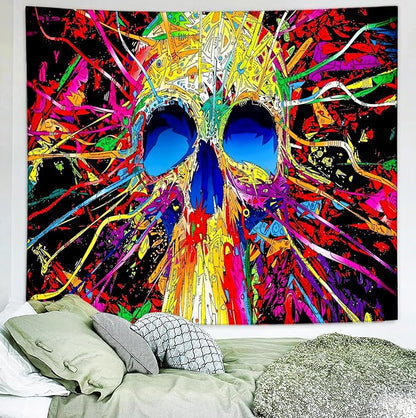 Delur Skull Tapestry Gothic Horror Colorful Skeleton Mystic Dark Tapestry Wall Hanging Trippy Vintage Aesthetic Witchy Psychedelic Headboard for Bedroom Living Room Home Decor (70.8" x 92.5")