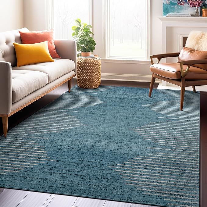 Rugshop Bohemian Stripe Stain Resistant High Traffic Living Room Kitchen Bedroom Dining Home Office Area Rug 5' x 7' Blue