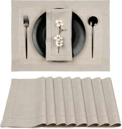 D'Moksha Homes Linen Placemats Set of 8 - Classic Hemstitch Natural Placemats 14 x 19 Inch - 100% Pure Linen Table Mats for Valentines, Holiday, New Year - Handcrafted and Machine Washable