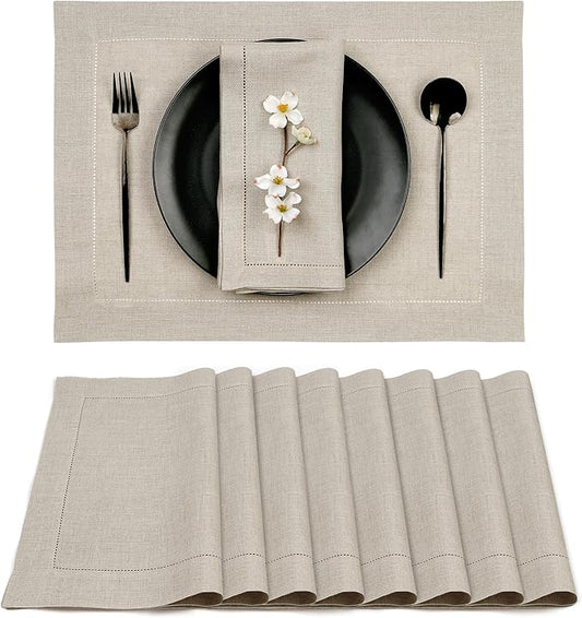 D'Moksha Homes Linen Placemats Set of 8 - Classic Hemstitch Natural Placemats 14 x 19 Inch - 100% Pure Linen Table Mats for Valentines, Holiday, New Year - Handcrafted and Machine Washable