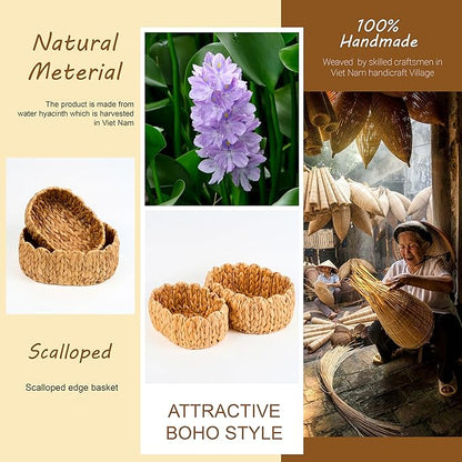 Set of 2 Small Wicker Storage Basket, Oval Water Hyacinth Baskets for Organizing, Scalloped Edge Rattan Basket for Shelf Organizer, Nursery Room