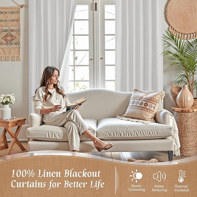 LAMIT Light Grey Linen Full Blackout Window Curtains for Bedroom, 54 Inches Thermal Farmhouse Curtains Back Tab and Rod Pocket Privacy Protected Burlap Panels with White Liner, 2 Panels, 52 x 54 Inch