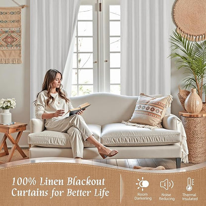 LAMIT Light Grey Linen Full Blackout Window Curtains for Bedroom, 54 Inches Thermal Farmhouse Curtains Back Tab and Rod Pocket Privacy Protected Burlap Panels with White Liner, 2 Panels, 52 x 54 Inch