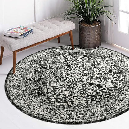 vivorug Round Rug 6ft Vintage-Inspired Round Area Rug Non-Slip Indoor Carpet for Living Room Bedroom Entryway, Stain Resistant Home Decor Circle Rug, Black and White