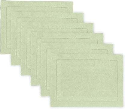 Solino Home Linen Cloth Placemats Set of 6-100% Pure Linen Hemstitch Sage Green Placemats 14 x 19 Inch - Classic Hemstitch Table Place Mats for Winter, New Year