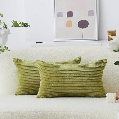 Home Brilliant Green Throw Pillow Covers 12x20 Striped Corduroy Solid Set of 2 Spring Decoration Oblong Pillowcases for Sofa Couch Living Room Decor, 12 x 20 inch, Grass Green