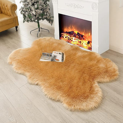 Fluffy Faux Fur Rug Brown Sheepskin Area Rug,4x6 Ft Ultra Soft Shaggy Plush Rug for Bedroom Bedside Living Room Nursery Kids Room