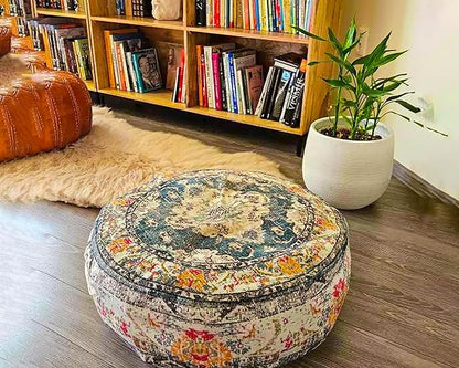 Moroccan Floor Pillow Cover Blue Round Floor Cushion Boho Room Décor Moroccan Seating Area Perfect Pouf Ottoman for Living Room, Bedroom, Nursary or Children Room Cotton 24x8 Unstuffed