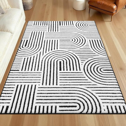 SHACOS Soft Cozy Fluffy Arch Pattern High Low Pile Rugs 3'x5' Non Slip Washable Scandinavian Minimalist Rug Modern Geometric Arc Carpet for Living Room Bedroom Dining Room, Black White
