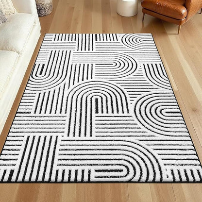 SHACOS Soft Cozy Fluffy Arch Pattern High Low Pile Runner Rugs 2'x6' Non Slip Washable Rug Runners Modern Geometric Arc Carpet for Bedroom Bathroom Hallway, Black White
