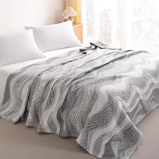 NTBAY 3 Layers Cotton Muslin 68x92 Twin Bed Blanket, Super Soft Breathable Thermal Yarn Dyed Quilt for Adults, Perfect Lightweight Blanket for Couch Sofa Bed All Seasons, Grey Wheat Waves