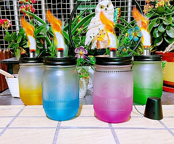 Mason Jar Tabletop Torches Kits,6 Pack Regular Mouth Lids with Protective Tube,Long Life Fiberglass Wicks and Caps,Outdoor Oil Lamp Lights for Patio Garden Camping Decor(Black)