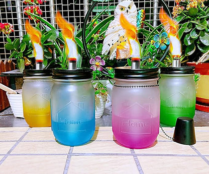 Mason Jar Tabletop Torches Kits,6 Pack Regular Mouth Lids with Protective Tube,Long Life Fiberglass Wicks and Caps,Outdoor Oil Lamp Lights for Patio Garden Camping Decor(Black)