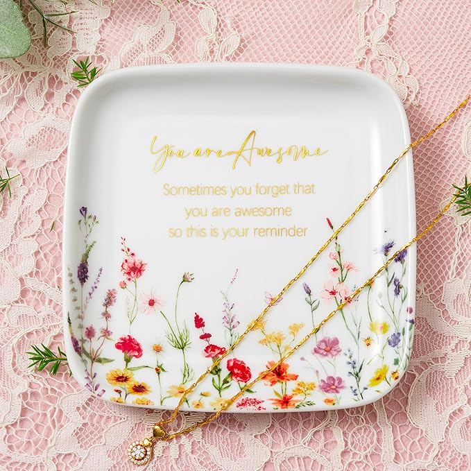 Crisky You are Awesome Jewelry Ring Dish for Women Birthday Gifts Encouragement Gift, Inspirational Gifts Friendship Trinket Tray for Her Sisters Daughters Friend Cowoker Mom Aunt Female 4.5"