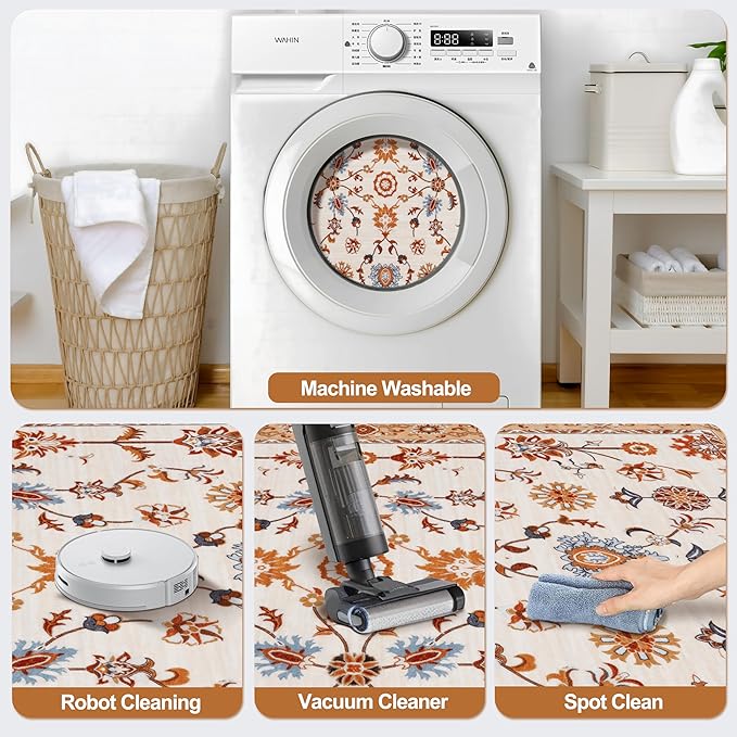 Tangsoo Floral Area Rug 3x5 Machine Washable Orange Rug Non-Slip Vintage Distressed Boho Print, Soft Low Pile Carpet for Living Room, Bedroom, Dining Room, Pet & Child Friendly (Orange Home Decor)