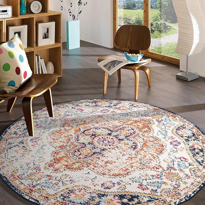 Rugshop Vintage Distressed Bohemian Area Rug for Living Room,Bedroom,Dining Room– Vibrant Multi-Color Tribal Design, 8' Round