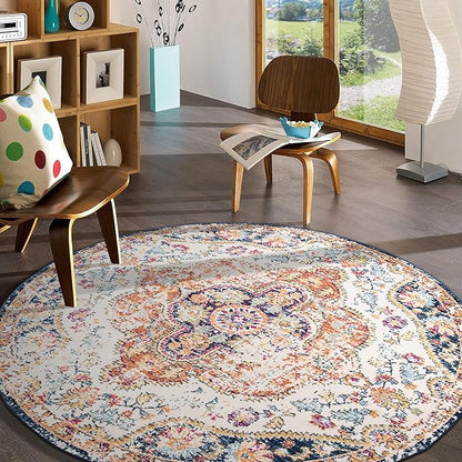 Rugshop Vintage Distressed Bohemian Area Rug for Living Room,Bedroom,Dining Room – Vibrant Multi-Color Tribal Design, 6'6" Round