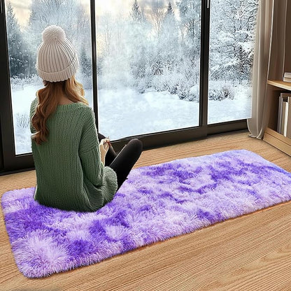 Fluffy Runner Rugs for Bedroom Hallways, 2x6 Runners for Hallways Fluffy Throw Area Rug Non Slip for Bedside Dorm, Shag Rugs for Girls Boys Bedroom, Floor Carpet Runner for Kids Dorm, Tie-Dyed Purple