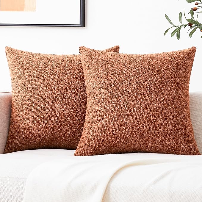 Mixhug Decorative Boucle Throw Pillow Covers, Rust, 18 x 18 Inches, Pack of 2 - Textured Boho Pillow Covers for Couch and Bed