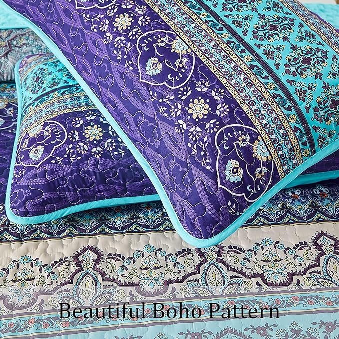 WONGS BEDDING Boho Quilt Twin Size, 2 Pieces Purple Blue Bohemian Lightweight Microfiber Bed Decor Bedspread for All Season 68"x86"