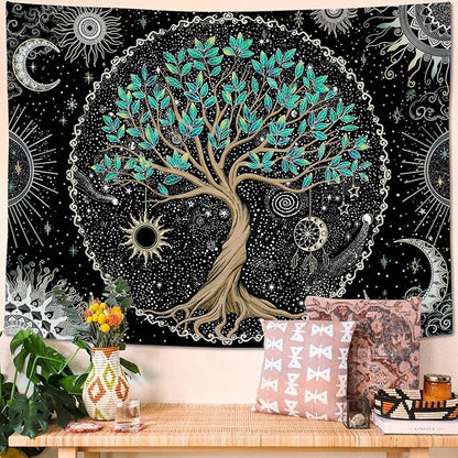 Rexful Tree of Life Tapestry Green Wall Art for Bedroom Spiritual Aesthetic Sun and Moon Tapestries Wall Hanging Decor (60''×44'')