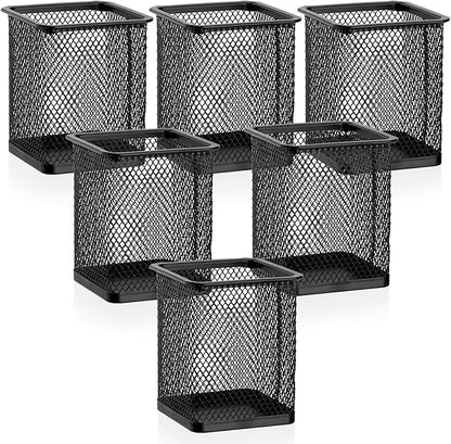 Segarty Pen Cup Holder, 6 Pack Square Black Pen Holder for Desk, Metal Mesh Pencil Cups Bulk for Office Supplies, School Classroom, Desktop Accessories, Makeup Brush