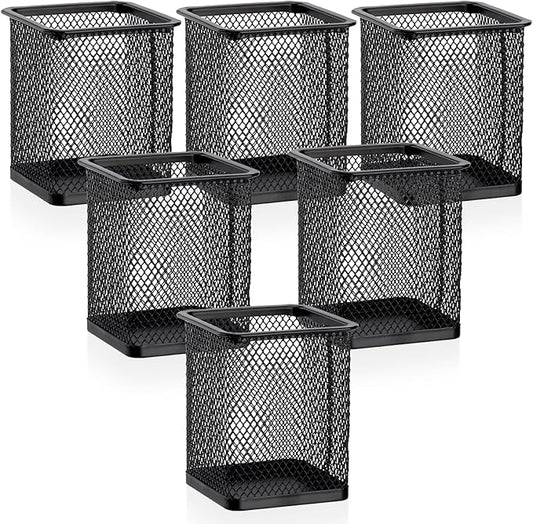 Segarty Pen Cup Holder, 6 Pack Square Black Pen Holder for Desk, Metal Mesh Pencil Cups Bulk for Office Supplies, School Classroom, Desktop Accessories, Makeup Brush