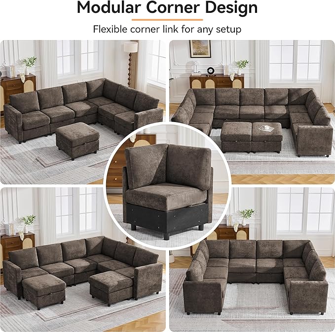 127'' Oversized U Shaped Modular Sofa, Sectional Couches with Storage for Living Room, Modern 9 Seater Cloud Sectional Couch with Movable Ottoman, Chenille Brown