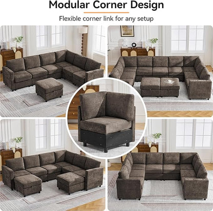 127'' Oversized U Shaped Modular Sofa, Sectional Couches with Storage for Living Room, Modern 9 Seater Cloud Sectional Couch with Movable Ottoman, Chenille Brown