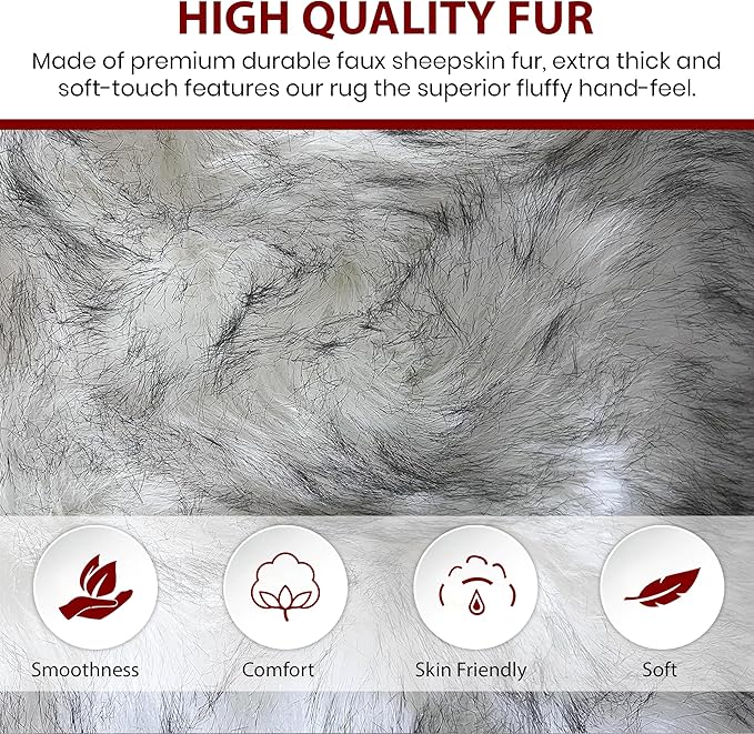 Free Shape Luxury Soft Fluffy Shag Area Rug Triple Side by Side 3'x6', 90x180cm - Vegan Fur Ultra Soft Indoor Carpet Nursery Rugs for Bedroom Home Decor, White with Black Tips
