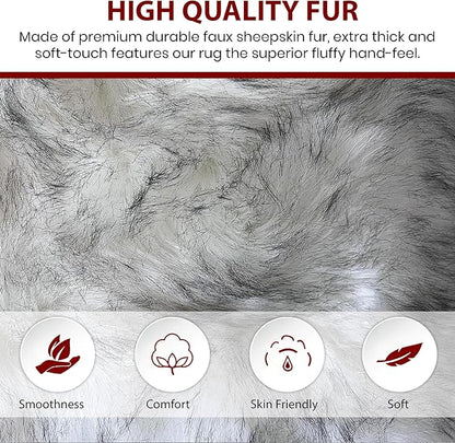 LAMBZY Faux Sheepskin Super Soft Hypoallergenic Silky Shag Rug for Living Room, Kids Room, Sofa (Duo Decto 12 Pelts 6'x12', White/Black Tips)