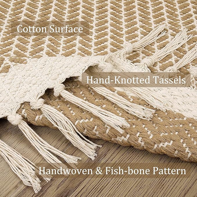 Lahome Boho Rugs for Bedroom, 3x5 Bathroom Rug Lightweight Farmhouse Woven Area Rug with Tassels, Throw Rugs Washable Kitchen Rug Non Shedding Indoor Door Mats for Entryway Living Room, Khaki
