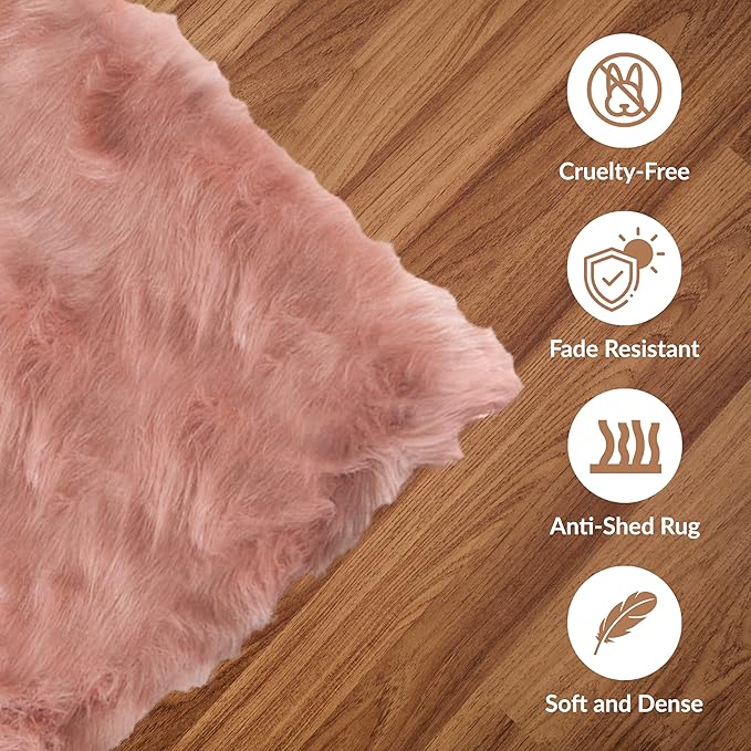 Luxe Gordon Faux Fur Rug with Soft and Fluffy Pile | Machine Washable Living Room Rug with Anti-Slip Backing | Cruelty-Free Area Rugs for Office or Bedroom, Dusty Rose, 5 ft x 6 ft