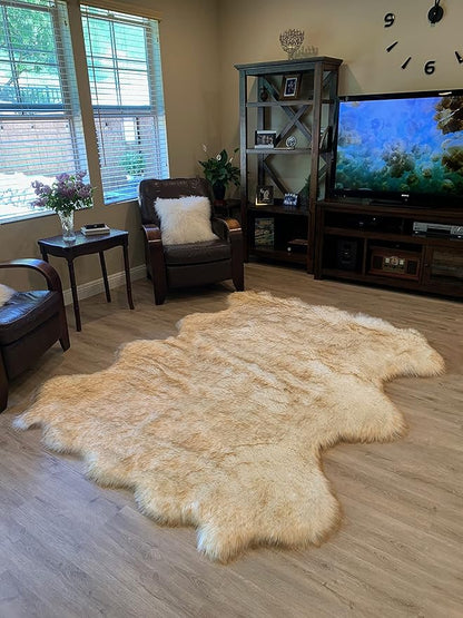 LAMBZY Faux Sheepskin Super Soft Hypoallergenic Silky Shag Rug for Living Room, Kids Room, Sofa (Sexto 6 Pelts 6'x6', White/Brown Tips)